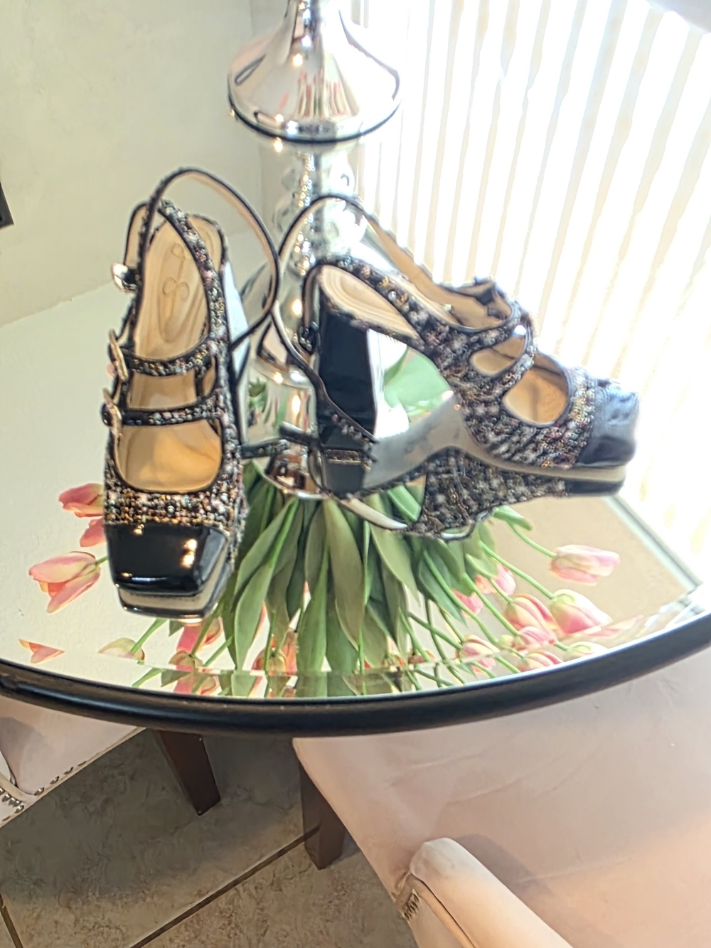 Jessica Simpson Black Beaded Patent Platform Heels